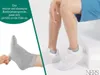 A split image collage showing a close-up of a gray sock being stretched by a hand on the left, and a person's legs wearing white sneakers and gray socks on the right. Produktbild-Vorschau