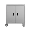 A gray metal storage cabinet with two doors and wheels, presented on a white background. Produktbild-Vorschau