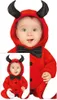 A baby wearing a red devil costume with black horns and a black bowtie. Voir les images du produit