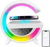 A white bedside lamp with a floating phone charger and a smartphone on it, with a rainbow LED light ring and a digital clock display. A smartphone showing a Bluetooth settings menu is in the bottom right corner. Produktbild-Vorschau