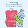 A pink kindergarten backpack with a floral pattern is shown next to a graphic of a recycled PET bottle and an arrow. Anteprima dell’immagine prodotto
