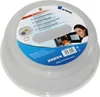 A clear plastic microwave cover with product information and branding on a light gray background. Produktbild-Vorschau