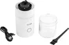 A white electric coffee grinder with its accessories, including a USB-C charging cable, a detachable transparent container, and a cleaning brush, is displayed against a white background. Podgląd zdjęcia produktu