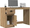A wooden desk with a computer, keyboard, and office supplies. Voir les images du produit