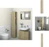 A collage of images showing a tall, narrow bathroom cabinet in a light wood finish, displayed in different bathroom settings and as a standalone product. Podgląd zdjęcia produktu