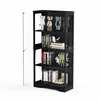 A black, four-tier glass display cabinet with open doors, showcasing various items on its shelves. Náhled obrázku produktu