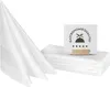 A stack of white cloth napkins with a folded napkin in the foreground, and a small sign with a gastronomy quality seal. Produktbild-Vorschau