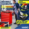 A mechanic is shown next to a red tool cart, highlighting its features. Produktbild-Vorschau