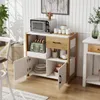 A kitchen buffet cabinet with various items on and inside it, set in a room with white paneled walls. Podgląd zdjęcia produktu