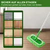 A mop with a green cleaning pad is shown on a wooden floor, next to a panel displaying different floor types. Produktbild-Vorschau