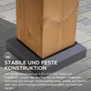 Close-up of a wooden post of a gazebo, resting on a dark gray base, with text overlay describing its construction. Produktbild-Vorschau