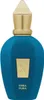 A studio shot of a blue perfume bottle with a gold cap and label. Voir les images du produit