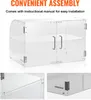 A clear acrylic display case with two shelves and double doors, shown from the front. Close-up shots of the shelf and door hinges are also included. Anteprima dell’immagine prodotto