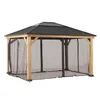A gazebo with wooden posts and a black metal roof, surrounded by black mesh curtains. Náhled obrázku produktu