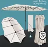 A collage of images showcasing a large cream-colored outdoor umbrella, its folded state, and a protective cover, with a UV protection badge. Produktbild-Vorschau