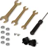 A collection of tools and hardware components, including wrenches, nuts, bolts, and two black plastic pieces, laid out on a white background. Anteprima dell’immagine prodotto