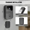 Collage showing a smart doorbell and its chime, with dimensions and installation instructions. Produktbild-Vorschau