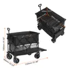 Two views of a black foldable wagon with dimensions indicated by text and lines. Podgląd zdjęcia produktu
