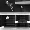 A collage of images showing different features of a metal cabinet, including its lock, adjustable shelves, and capacity. Produktbild-Vorschau