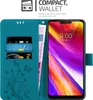 A teal wallet-style phone case is shown open, displaying card slots and a phone with a colorful screen. Náhled obrázku produktu