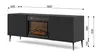 A black TV cabinet with a built-in fireplace, shown with dimensions indicated by measurement lines and numbers. Podgląd zdjęcia produktu