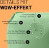 A close-up marketing image of a green beanbag chair, highlighting its features with text overlays and icons. Náhled obrázku produktu