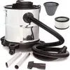 A stainless steel ash vacuum cleaner with its accessories, including a hose, extension tubes, a crevice tool with brush, and two types of filters, is displayed against a white background. Produktbild-Vorschau