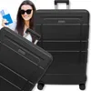 A woman is holding passports and tickets next to a black suitcase. Anteprima dell’immagine prodotto