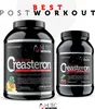 Two black tubs of nutritional supplement, one larger than the other, are displayed against a light gray and white background. Text overlays and graphics suggest it is a post-workout product. Produktbild-Vorschau