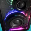 A close-up view of a speaker with colorful LED lights. Produktbild-Vorschau