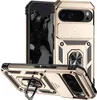 A gold-colored phone case with a sliding camera cover and a ring holder is displayed from multiple angles against a white background. Produktbild-Vorschau