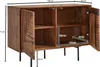 A wooden sideboard with two doors and black legs, with dimensions indicated by measurement lines and text. Náhled obrázku produktu