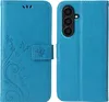 A blue flip phone case with a floral and butterfly embossed design is shown. Produktbild-Vorschau