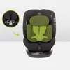 A black car seat with a green insert highlighting the harness system, shown with a close-up inset of the buckle mechanism. Produktbild-Vorschau