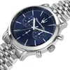 A close-up, angled view of a Maserati men's chronograph watch with a blue dial and silver metal bracelet. Náhľad obrázku produktu