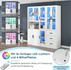 A collage of a white display cabinet with LED lighting in different colors, and a separate image of the cabinet with blue lighting. Podgląd zdjęcia produktu