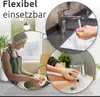 Collage showing a woman washing produce in a sink, hands being washed under a faucet, and a close-up of a faucet with water running. Produktbild-Vorschau