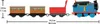 A toy train set with a locomotive and three carriages, displayed on a white background with measurement indicators. Náhled obrázku produktu