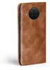 A brown leather flip case for a smartphone, shown from the back with the camera module visible. Produktbild-Vorschau