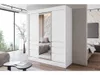 A modern bedroom with a large white sliding door wardrobe with a mirror, reflecting a bed and textured wall. Produktbild-Vorschau