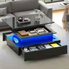 A modern living room with a coffee table in the center, showcasing its storage and LED lighting. Produktbild-Vorschau
