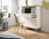 A modern home office setup with a secretary desk, chair, and window. Produktbild-Vorschau