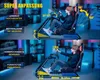 A person is shown using a racing simulator cockpit, with annotations highlighting adjustable features. Produktbild-Vorschau