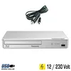 A silver Panasonic Blu-ray player is shown with a car charger cable and power adapter. Text and logos are present at the bottom. Produktbild-Vorschau