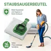 A woman is vacuuming a carpet while a vacuum cleaner bag is shown prominently in the foreground. Produktbild-Vorschau