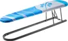 A small ironing board with a blue and white patterned cover, resting on a black metal frame. Produktbild-Vorschau