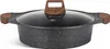 A speckled black pot with a glass lid and wooden handles on a white background. Produktbild-Vorschau