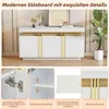 A collage showing a modern white sideboard with gold accents. The main image shows the sideboard from the front. Smaller images highlight its features: hydraulic hinges, adjustable shelves, marble-effect tabletop, and gold detailing. Anteprima dell’immagine prodotto