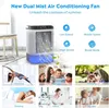 A collage of images showcasing a portable air conditioning fan and various lifestyle scenarios where it can be used. Produktbild-Vorschau