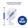 A white table fan is shown with dimensions and power indicated by text overlays and a blue circle. Podgląd zdjęcia produktu